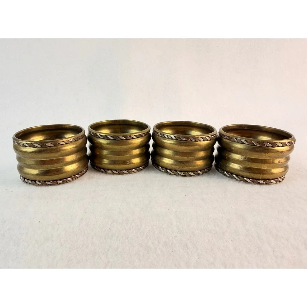 Vintage Brass Napkin Rings Set 4 Ribbed Rope Trim Gold Silver Tone‎ Mid Century